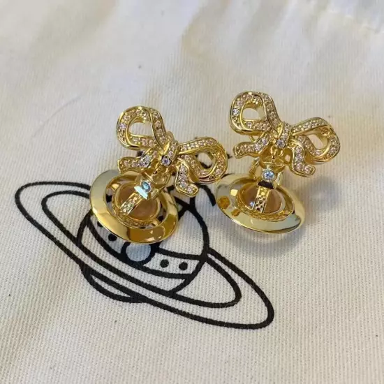 Vivienne Westwood Crystal Golden Tone 3D Orb Butterfly Saturn Earrings with Box