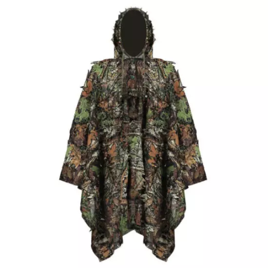 Camouflage Rain Poncho 3D Leaves Ghillie Poncho Hooded Waterproof Camo Raincoat