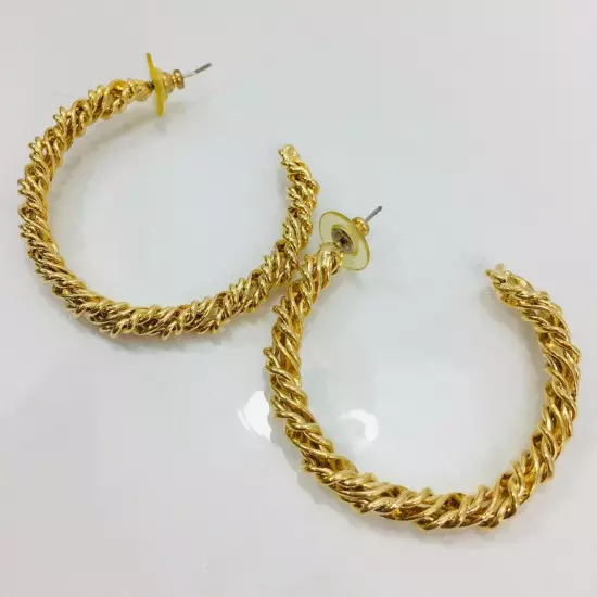 Gold Rope Cable Twist Hoop Earrings Pierced Big 2" Hoops