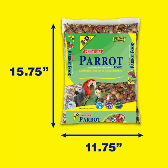 3-D Pet Products Premium Parrot Bird Food Seeds, with Probiotics, 8 lb. Bag