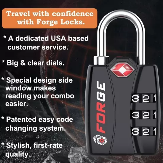 TSA Approved Luggage Locks 4 Pack Black, Travel Lock with Zinc Alloy Body,