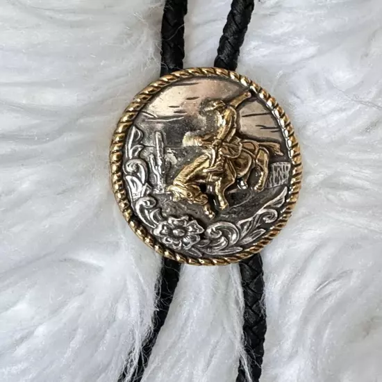 VTG Bolo Tie Ivan Cowboy 3D BULL RIDER Etched Design 18’ Braided Two Tone 1857 G