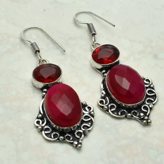 Simulated Ruby Garnet Handmade Drop Dangle Earrings Jewelry 2" AE-51014