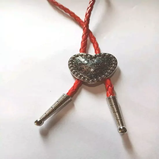 Silver Heart Shape Bolo Tie W/ 36" 4mm Red Braided Cord W/1.25 " Silver Tips