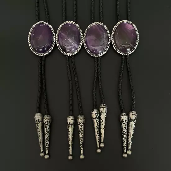 Natural Amethyst Stone Men Bolo Tie Vintage Alloy PU Rope Wedding Party Necklace