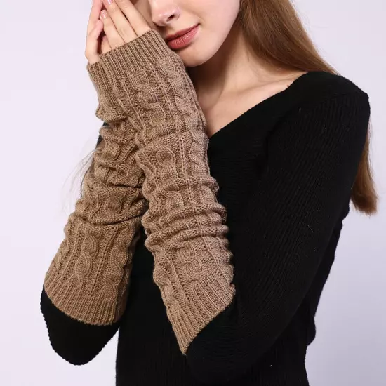 Women Long Half Finger Fingerless Gloves Arm Hand Warmer Knitted Mittens Winter