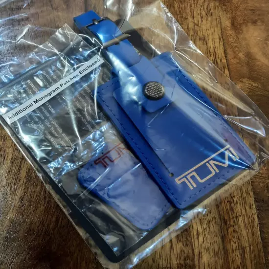 NEW Tumi Set Luggage Tag and Monogram Patch in Blue w/Silver Logo Leather 