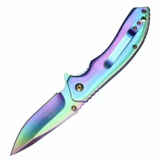 Spring-Assist Folding Knife Wartech Premium Ball Bearing Easy Open Rainbow Skull