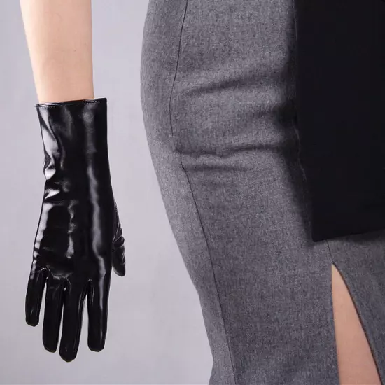 LATEX GLOVES Shine Leather Faux Patent Vegan PU 8" 21cm Short Basic Shine Black