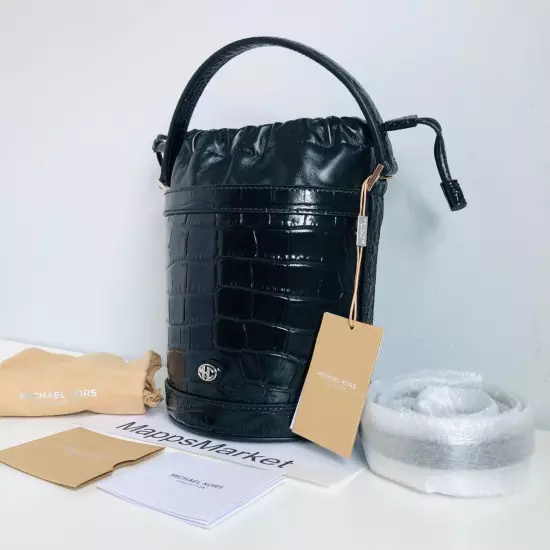 MICHAEL KORS COLLECTION Audrey Medium Croc Embossed Leather Bucket Bag in Black