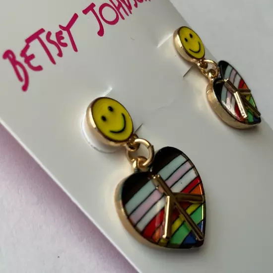 Betsey Johnson One Love Rainbow Heart Peace Earrings Smiley Face