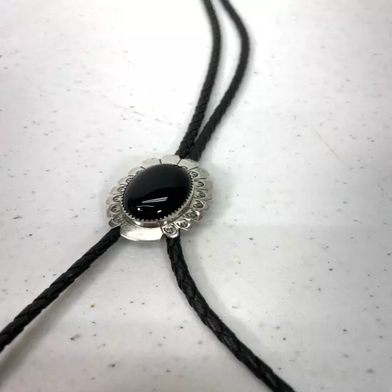 Vintage Silver Navajo Style Bolo Tie Black Onyx Stamped AP Sterling