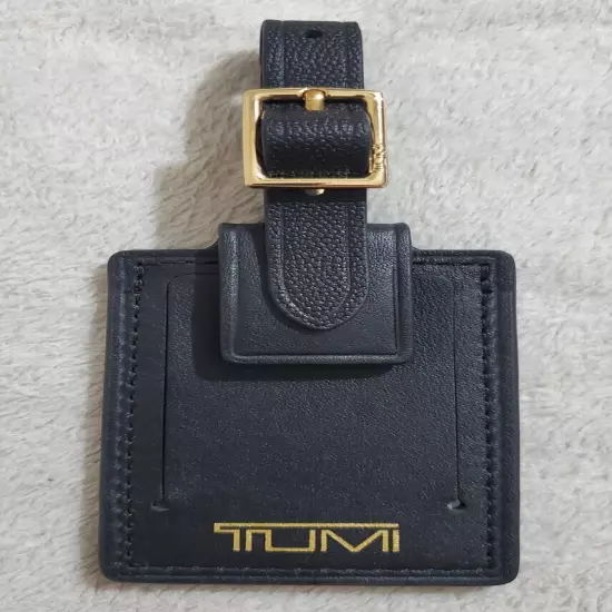 New Tumi Black Leather Luggage Name Tag with Gold-Tone Buckle