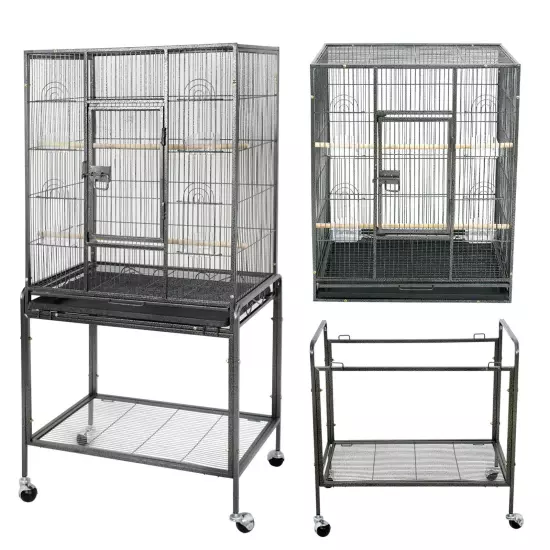 53" Parakeet Bird Cage Parrot Flight Cage Wrought Iron Rolling Stand White/Black