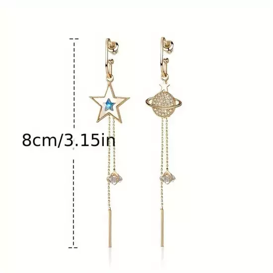 Exquisite Shiny Golden Chain Planet Pentagram Design Asymmetric Earrings Jewelry