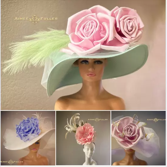 Kentucky Derby Hat Black White Organza Pale Pink Rose Flower Royal Ascot Del Mar