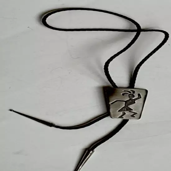 Native American Hopi Silver Large Leather Bolo Tie Signed Neck Tie