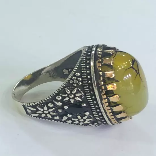 Men Silver Ring 925 Sterling Yemen Aqeeq Agate خاتم عقيق يمني شجري مصور حبة فحل