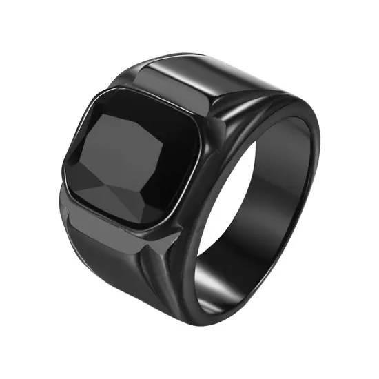 Men's Stainless Steel Black Square Signet Ring Onyx Biker Pinky Band Size 8-13