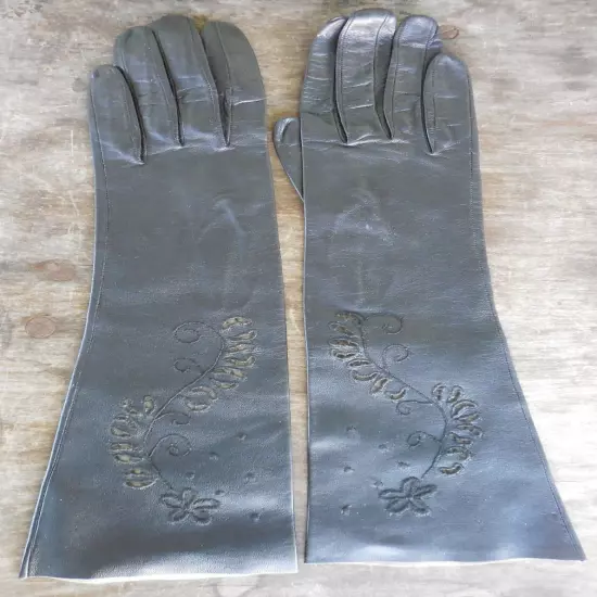 Womens Italian Black Kid Leather 13" Gloves Size 6 1/4 Unlined Cut Out Design