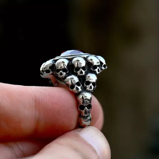 Vintage Red CZ Blood Stone Skull Ring Stainless Steel Punk Classic Wedding Ring