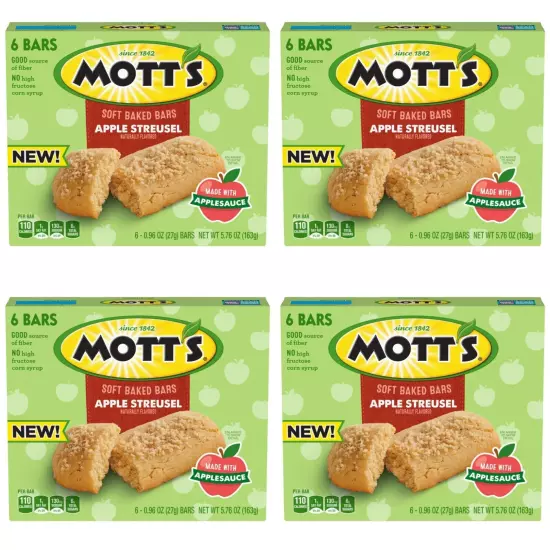 Lot of 4 Mott's Soft Baked Bars Apple Streusel Made With Applesauce, 6 Bars Each