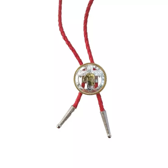 Praying Cowboy Bolo Tie, Silver W/Gold Accents, 36" 4mm Red Cord, Silver Tips