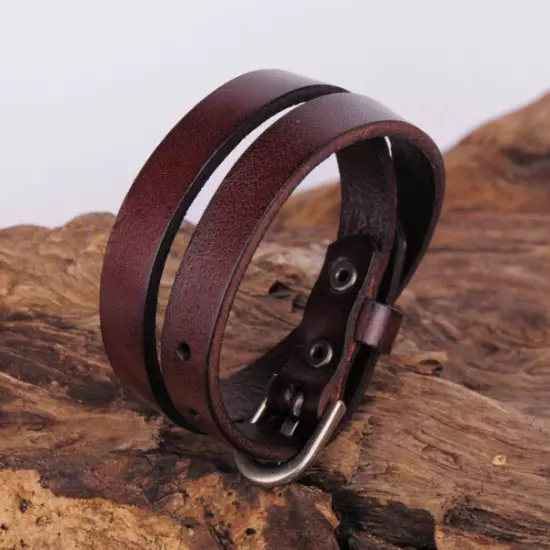 Surfer Plain Cool Double Wrap Men's Punk Leather Bracelet Wristband Cuff Brown