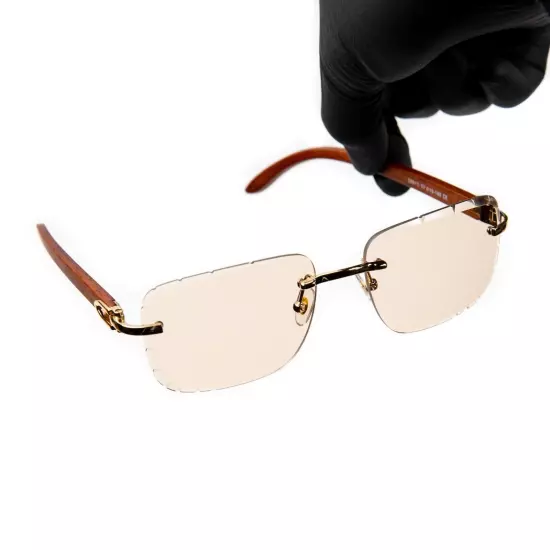 Men's Tan Tint Rimless Gold Frame Woodgrain Gem Cut Hip Hop Sunglasses