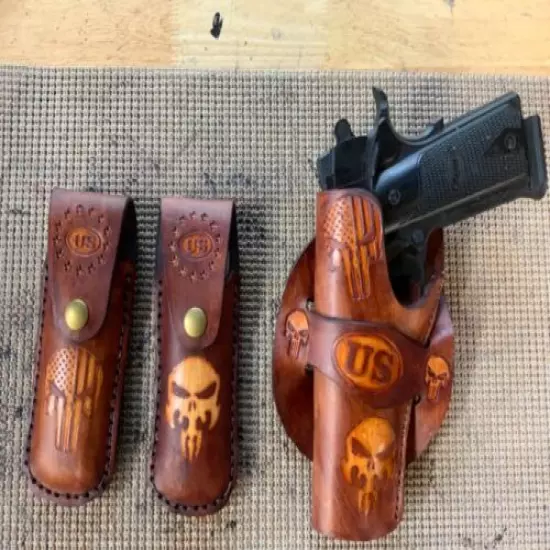 Handmade Leather LH Holster & 2 mag pouches 1911 Punisher Carving