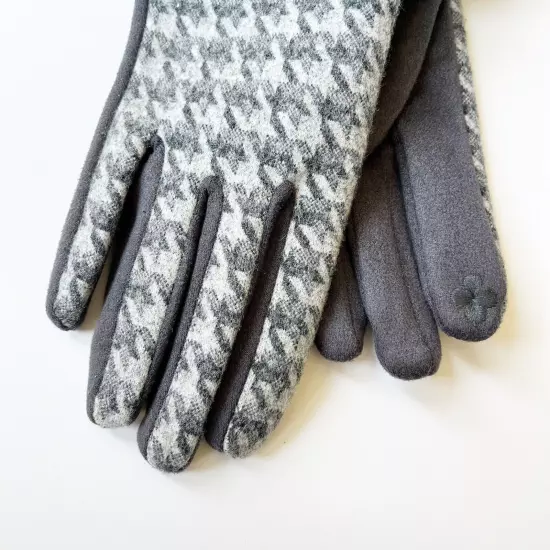 NWT London Fog Gloves Gray Houndstooth Faux Fur One Size Touch Screen Compatible