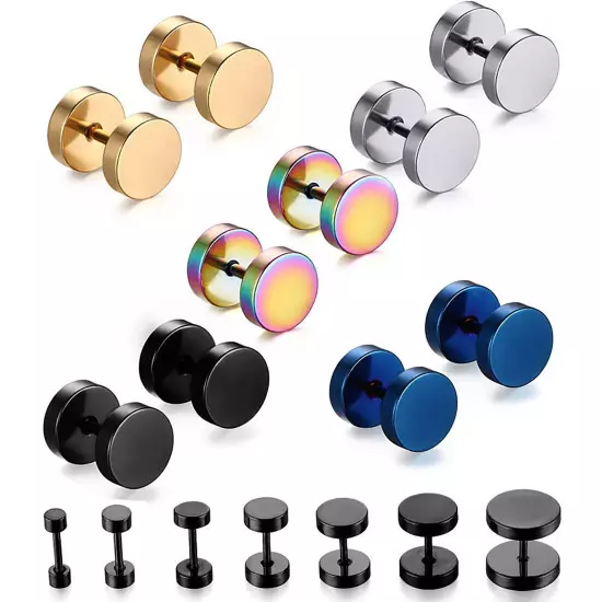 Pair Flat Round Barbell Plug Stud Earrings Surgical Stainless Steel Mens Unisex