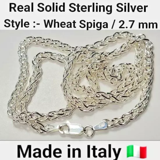 Real Solid 925 Sterling Silver Wheat Spiga Rope Chain Necklace Italy Jargod