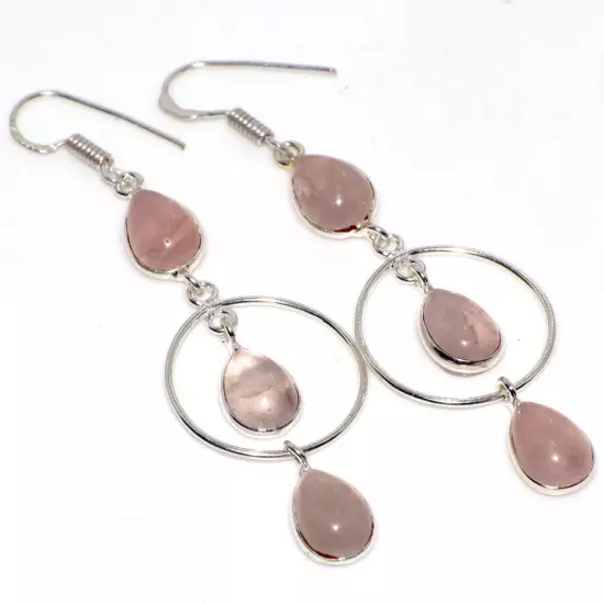 Rose Quartz 925 Silver Plated Long Gemstone Earrings 2.6" Ethnic Gift GW