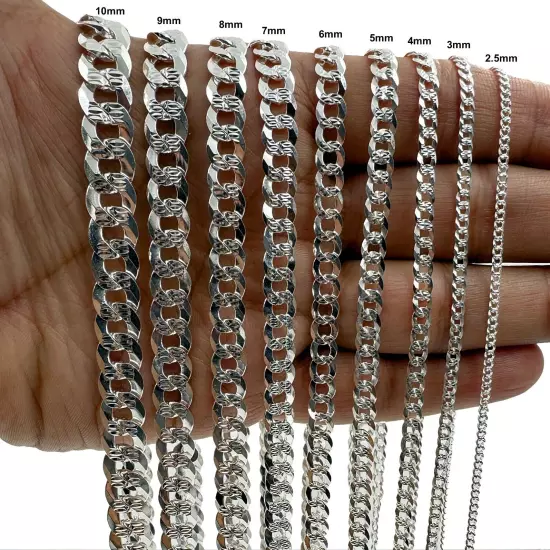 SOLID 925 Sterling Silver DIAMOND CUT CURB Chain, Cuban Link Necklace Bracelet