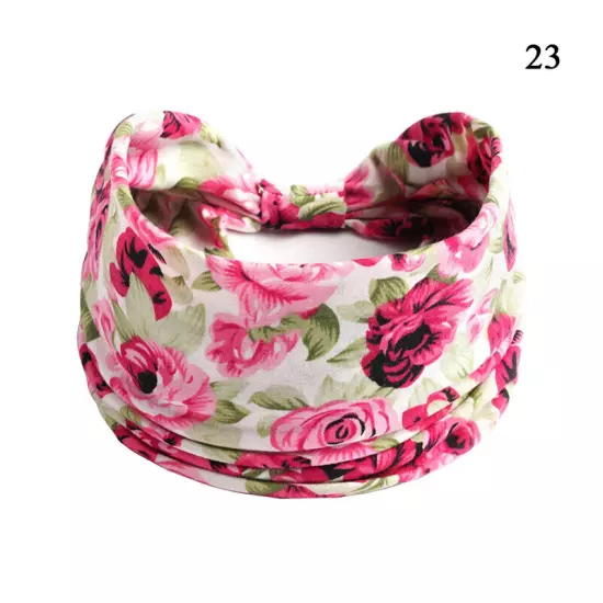 Women Boho Flower Print Wide Headband Vintage Knot Elastic Turban Headwrap *