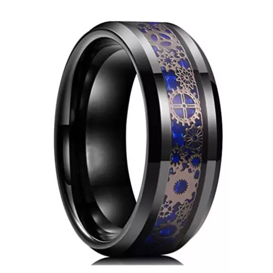 Mens Tungsten Carbide Ring Wood Inlay Beveled edge Wedding Band Ring Size 6-8 +