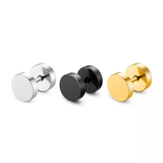 Pair Black Flat Round Barbell Plug Stud Earrings GYM MENS Stainless Steel 3-14MM