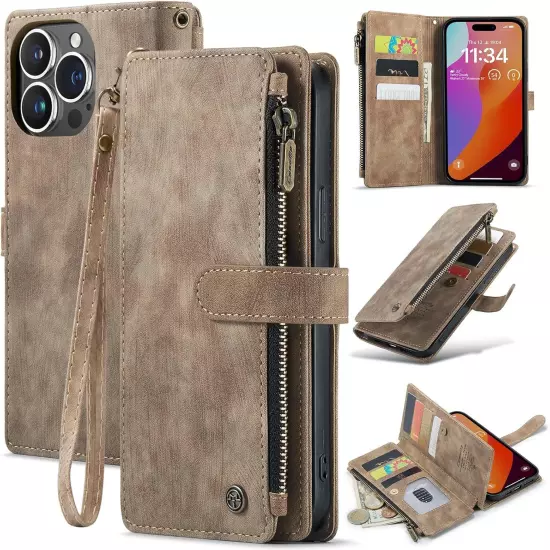 CaseMe Wallet Case for iPhone 15 Pro Max Multifunction Handmade Premium PU