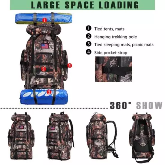 100L Large Camping Backpack Waterproof Hiking Military Camo Travel Tactical Bag