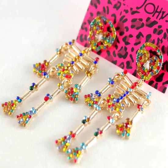 NEW BETSEY JOHNSON MULTICOLOR RHINESTONE SKELETON HALLOWEEN DROP DANGLE EARRINGS