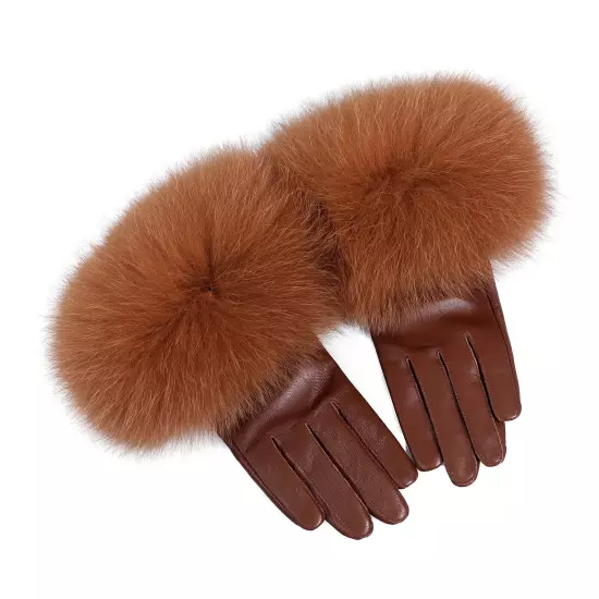 Women Genuine Lambskin Leather Gloves With Real Fox Fur Trim Cuff Winter Warm