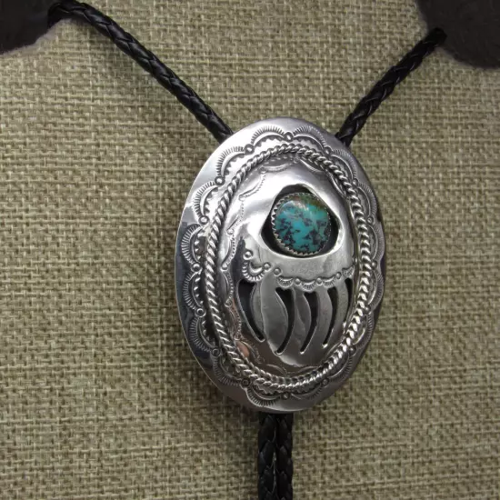 Navajo Shadow Box Bear Claw Sterling Silver Turquoise Bolo Tie By Wilbur Musket