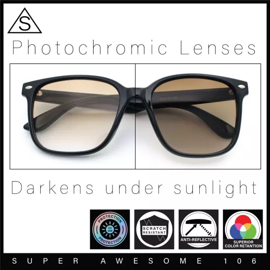 Retro Hipster Photochromic Lens Oversize Horn Rim Plastic Sunglasses