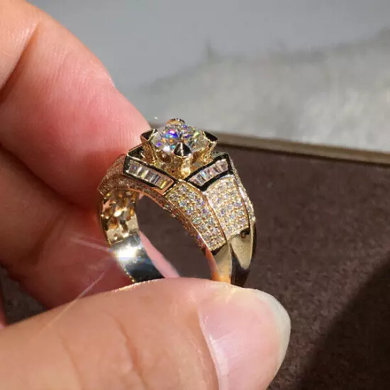 18K Gold Plated Shiny Crystal Zircon Rings Men's Wedding Fashion Rings Size 7-12