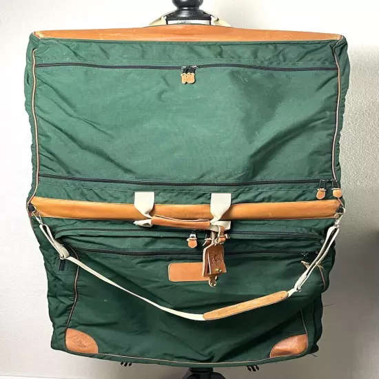 80s 90s LL BEAN Green Canvas Leather Folding Garment Carrying Bag Travel Vintage