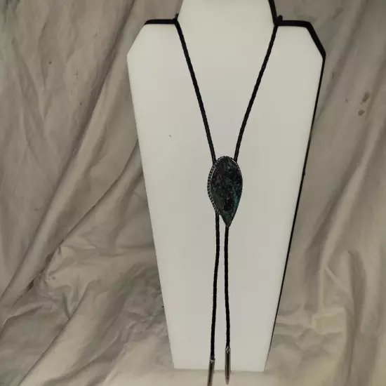  Vintage Natural Malachite and Azurite Ghostface Bolo Tie Silver Tone Tips 1970