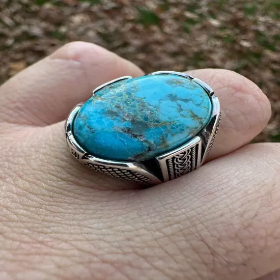 Mens Real Solid 925 Sterling Silver Blue Turquoise Natural Native Gemstone Ring