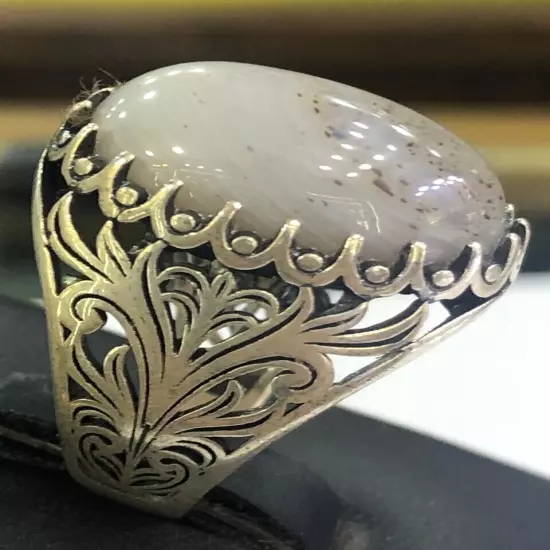 Royal Men Ring 925 Silver Yemen Agate Aqeeq خاتم عقيق يمني ابيض