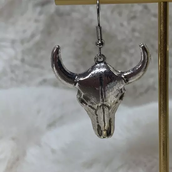 New Cowboy Boho Steer Longhorn Bull Silver-tone Pierced Earrings 2” Long Drop 